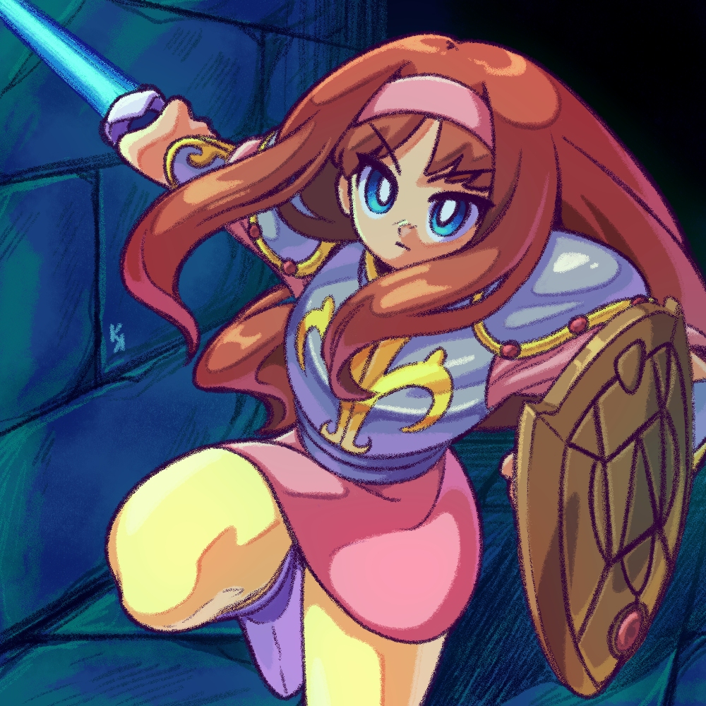 1girl alisa_landeel blue_eyes boots brick_floor brick_wall brown_hair closed_mouth commentary dungeon english_commentary fleur-de-lis floating_hair gauntlets gold_trim gradient_hair grey_armor hairband holding holding_shield holding_sword holding_weapon khael long_hair multicolored_hair phantasy_star pink_hairband pink_tunic purple_boots red_hair shield shoulder_plates sidelighting solo swept_bangs sword tunic v-shaped_eyebrows weapon