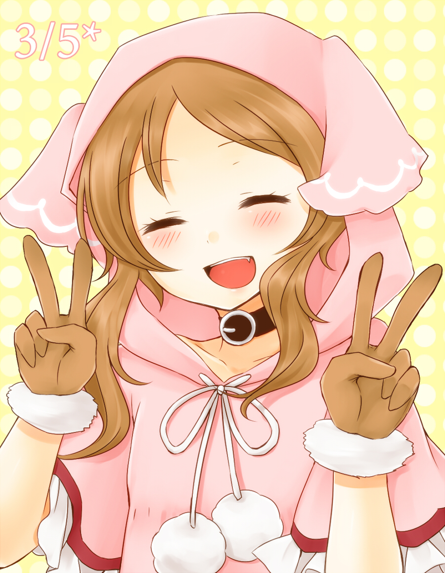 1girl :d black_choker blush brown_gloves brown_hair choker closed_eyes commentary_request dated double_v facing_viewer fang frilled_sleeves frills fur-trimmed_gloves fur_trim gloves hood hood_up hoodie miko_day open_mouth ouka_miko pink_hoodie red_trim ribbon short_hair_with_long_locks smile solo sora34p upper_body utau v white_ribbon yellow_background