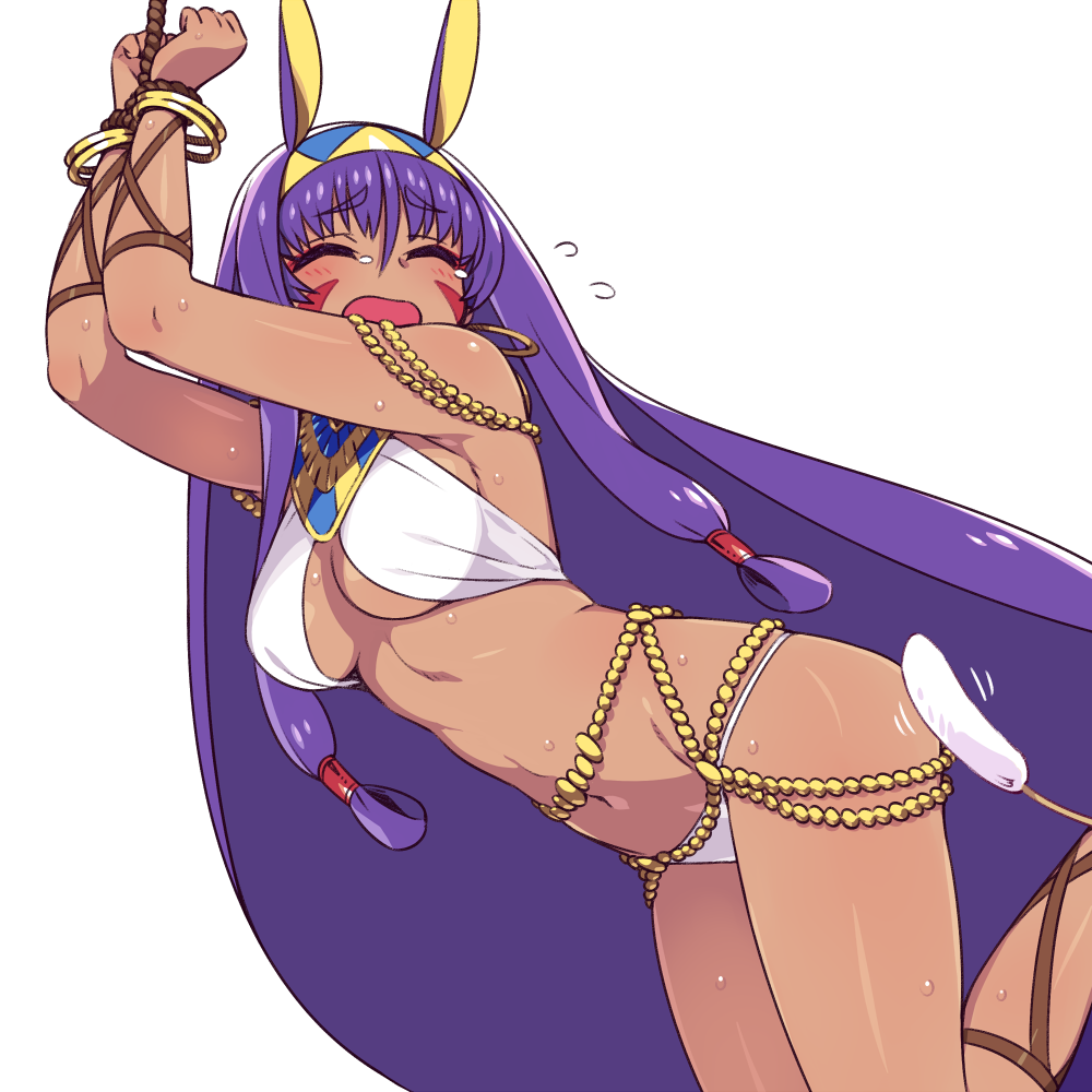 1girl ancient_egyptian ancient_egyptian_clothes animal_ears armpits arms_up bangle bare_legs bare_shoulders bdsm big_hair blush bondage bound bound_wrists bracelet breasts cat_teaser chan_co dark-skinned_female dark_skin earrings fate/grand_order fate_(series) female_focus flying_sweatdrops hair_between_eyes hairband hoop_earrings jewelry leaning_forward leg_up long_hair low-tied_long_hair medium_breasts motion_lines navel nitocris_(fate) open_mouth purple_hair raised_eyebrows shiny_skin sidelocks simple_background solo stomach sweat tears thighs tickle_torture tickling tickling_ass two-tone_hairband underboob very_long_hair white_background
