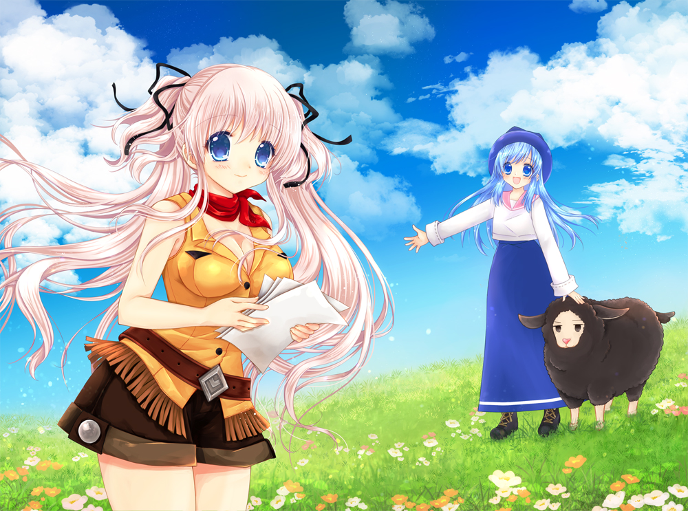 2girls :d animal bare_shoulders belt black_footwear black_ribbon black_sheep blouse blue_eyes blue_hair blue_headwear blue_skirt blue_sky breasts brown_belt brown_shorts cleavage closed_mouth cloud day fedora field floating_hair flower fringe_trim grass hair_between_eyes hair_ribbon hat holding holding_paper legs_apart legs_together light_blue_hair light_particles long_skirt long_sleeves looking_at_viewer lorna mabinogi medium_breasts multiple_girls nao_(mabinogi) open_mouth orange_flower outdoors pan_(mabinogi) paper pink_flower pink_hair pink_sailor_collar red_scarf ribbon sailor_collar scarf shararan sheep shirt shorts sidelocks single_horizontal_stripe skirt sky smile standing twintails white_flower white_shirt