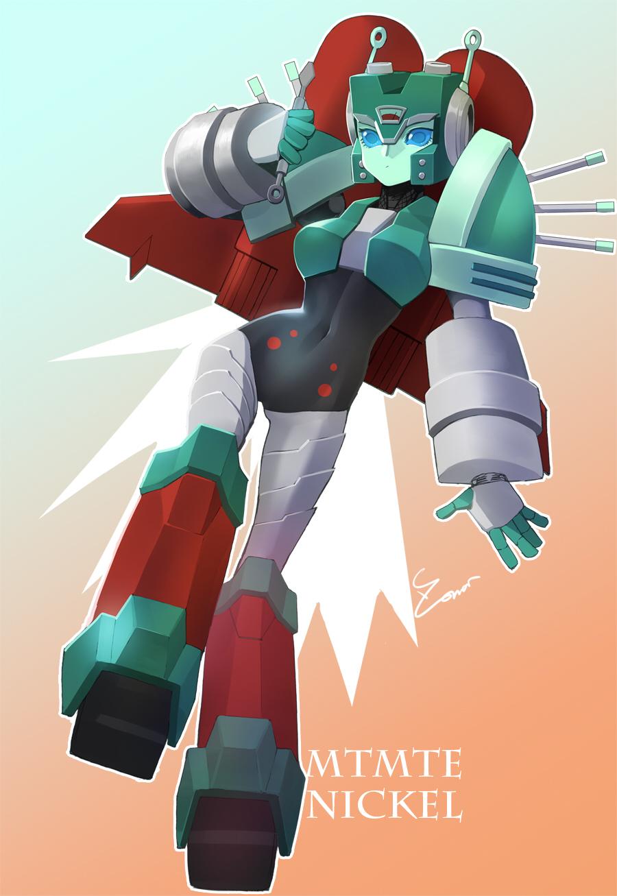 1girl alien armor blue_eyes breasts flying highres idw_publishing jetpack mecha nickel_(transformers) robot shoulder_armor small_breasts solo transformers zoner