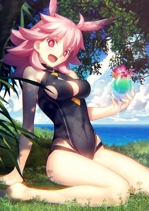 1girl :d ahoge arm_behind_back arm_support bare_legs bare_shoulders barefoot black_one-piece_swimsuit blue_sky breasts bright_pupils cleavage_cutout clothing_cutout cloud cup day drink drinking_straw fate/grand_order fate_(series) flower flower_request full_body game_cg garnish grass hair_between_eyes hair_wings halterneck hand_up head_tilt hildr_(fate) hildr_(swimsuit_assassin)_(fate) holding holding_cup holding_drink horizon looking_at_viewer medium_breasts medium_hair ocean official_art one-piece_swimsuit open_mouth pink_flower red_eyes side_cutout sitting sky smile solo sunlight swimsuit takeuchi_takashi third-party_source tree tropical_drink valkyrie_(fate) wariza white_pupils