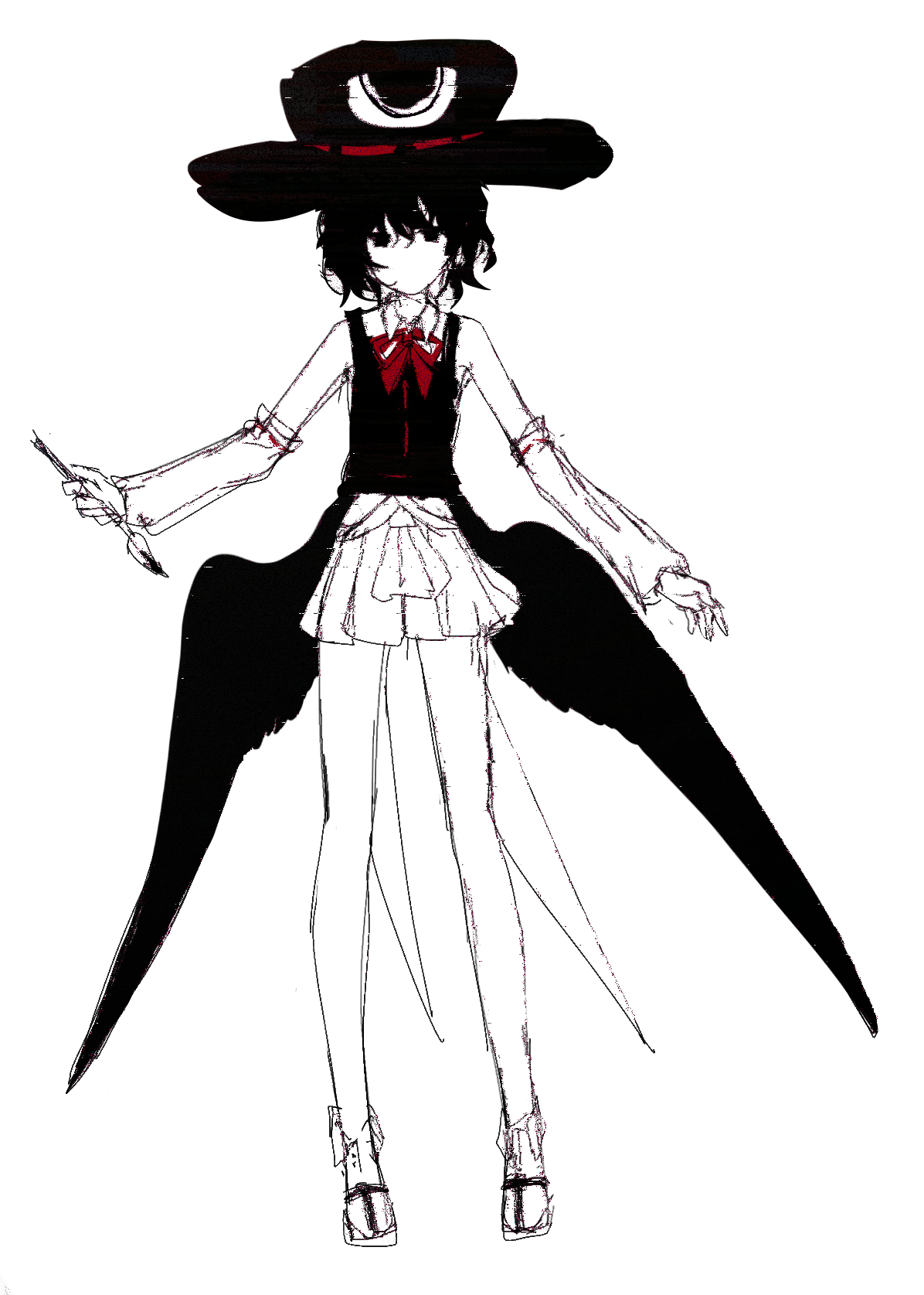 1other androgynous bare_legs bare_shoulders bird_wings calligraphy_brush chinese_commentary coat coattails collared_shirt collared_socks commentary_request detached_sleeves enraku_tsubakura euthan expressionless eye_of_senri full_body greyscale hair_between_eyes hakama hakama_short_skirt hakama_skirt hat highres holding holding_calligraphy_brush holding_paintbrush japanese_clothes len'en long_sleeves messy_hair monochrome neck_ribbon no_mouth other_focus paintbrush puffy_long_sleeves puffy_sleeves red_ribbon ribbon ribbon-trimmed_coat ribbon-trimmed_headwear ribbon-trimmed_sleeves ribbon_trim sandals shirt short_hair simple_background skirt sleeveless sleeveless_coat sleeveless_shirt solo standing tabi top_hat white_background wings zouri