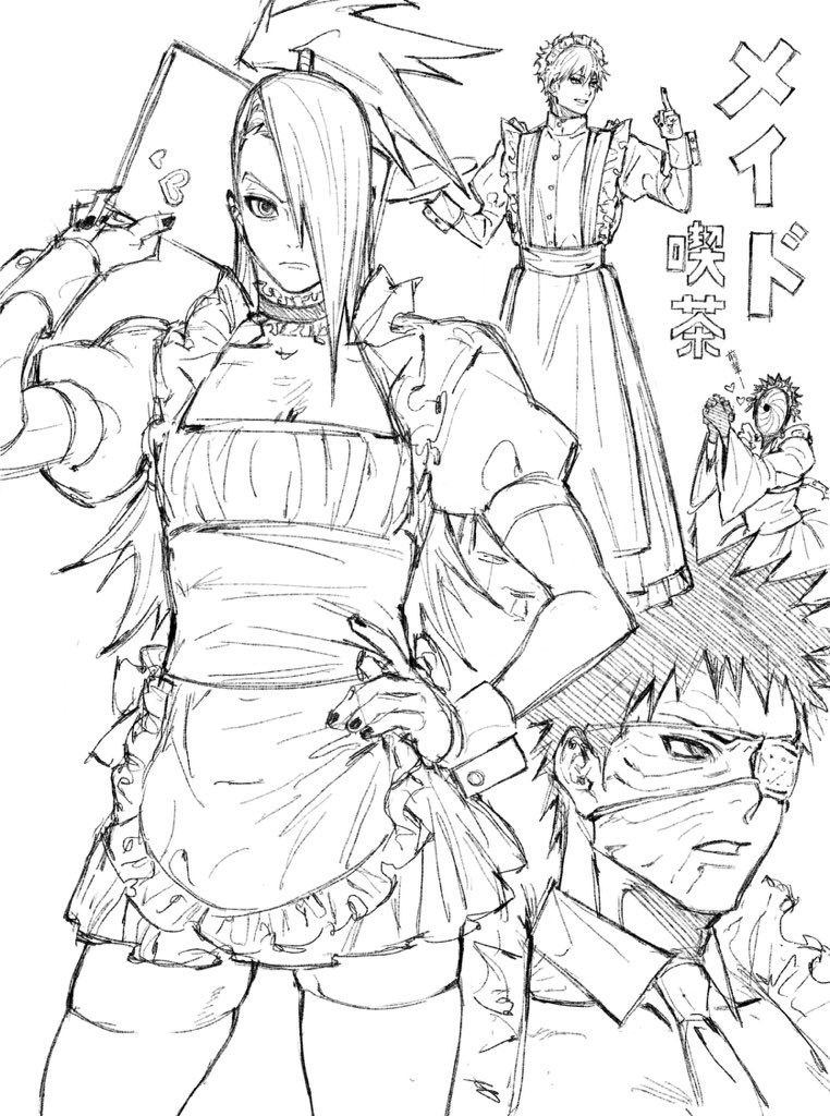 apron black_nails crossdressing deidara_(naruto) eyepatch gaara_(naruto) haikyuu!! maid maid_apron maid_headdress ponytail short_hair thighhighs tobi_(naruto) uchiha_obito umkaqryi very_short_hair