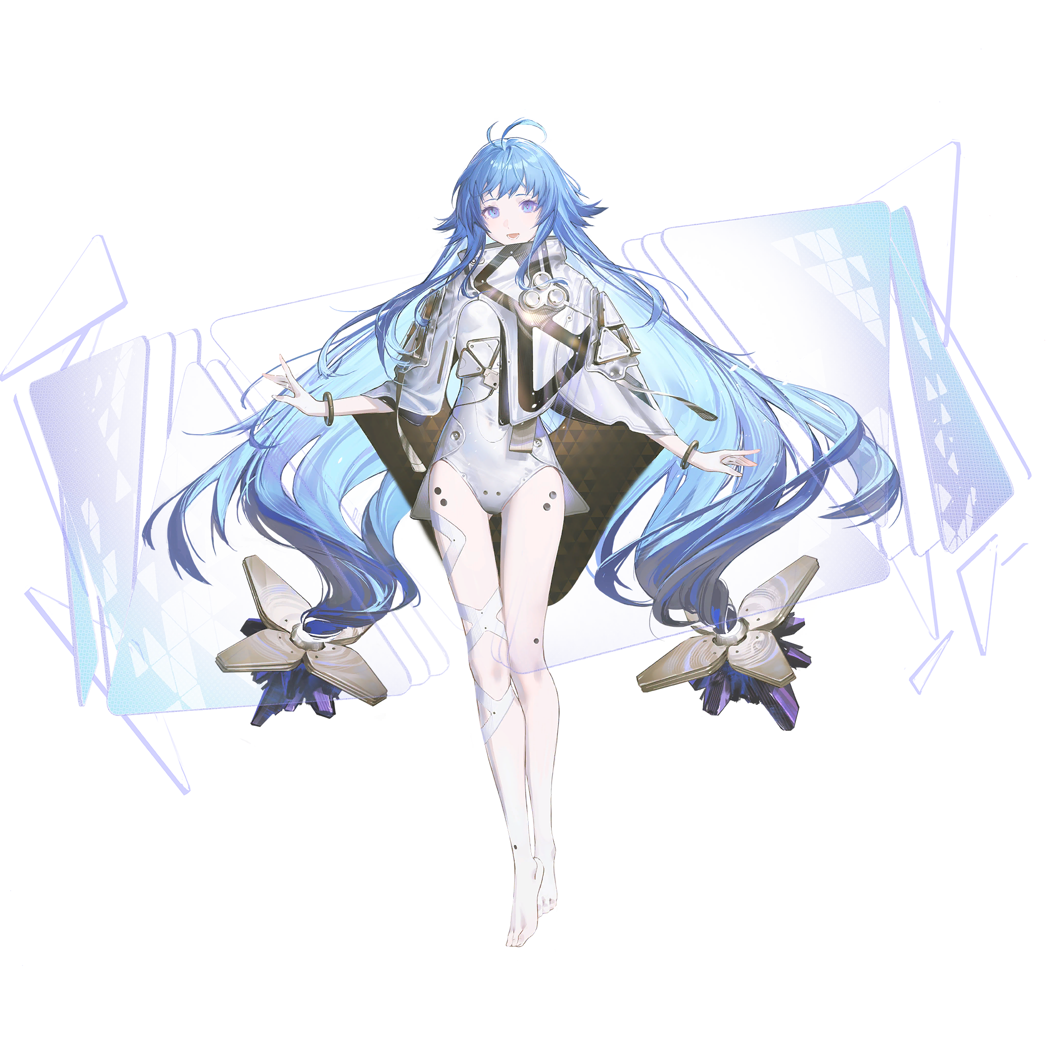 1girl ahoge artist_request barefoot blue_eyes blue_hair eniac_(neural_cloud) full_body game_cg girls&#039;_frontline girls&#039;_frontline_neural_cloud highres hologram leotard long_hair official_art shawl solo standing tachi-e third-party_source transparent_background twintails white_leotard white_shawl