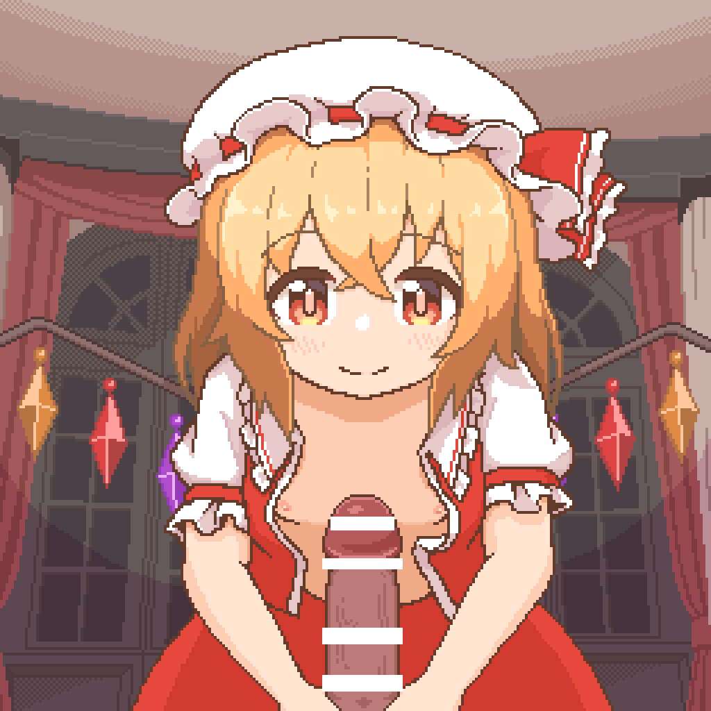 chipushishi, flandre scarlet, touhou, animated, animated gif, 1boy, 1girl,  after fellatio, blonde hair, blush, breasts, clothed sex, cum, cum in  mouth, dress, fellatio, hat, hetero, looking at viewer, medium hair, mob  cap,
