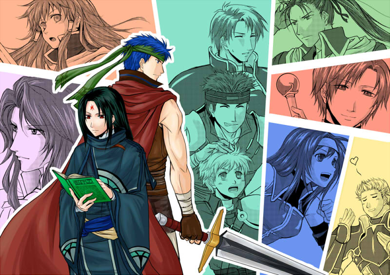 3girls 6+boys back-to-back bandana bare_shoulders black_hair blue_eyes blue_hair book boyd_(fire_emblem) cape closed_eyes facial_mark fire_emblem fire_emblem:_path_of_radiance fire_emblem:_radiant_dawn forehead_mark gatrie_(fire_emblem) gloves headband ike_(fire_emblem) long_hair long_sleeves looking_to_the_side mia_(fire_emblem) mist_(fire_emblem) mist_(radiant_dawn)_(fire_emblem) multiple_boys multiple_girls muscular nintendo open_book open_mouth oscar_(fire_emblem) reading red_eyes rhys_(fire_emblem) riyan robe rolf_(fire_emblem) shinon_(fire_emblem) smile soren_(fire_emblem) sword titania_(fire_emblem) weapon