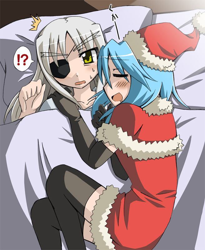 !? 00s 2girls bed blue_hair capelet cinque_(nanoha) eyepatch hat lyrical_nanoha mahou_shoujo_lyrical_nanoha mahou_shoujo_lyrical_nanoha_strikers multiple_girls numbers_(nanoha) pajamas santa_costume santa_hat sein_(nanoha) speech_bubble thighhighs tsukishima_makoto yellow_eyes