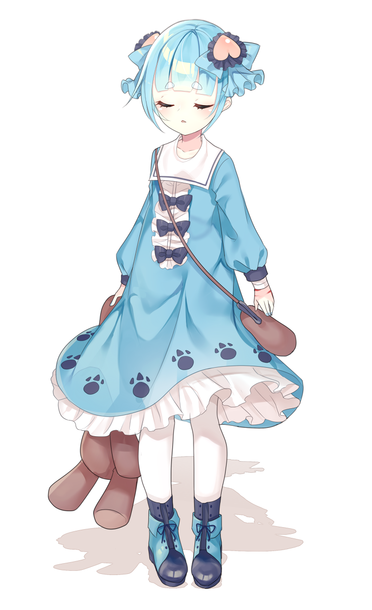 1girl bag blue_dress blue_nails blue_shoes closed_eyes dress female_focus full_body gen_5_pokemon gen_7_pokemon hair_ornament handbag heart heart_hair_ornament highres holding holding_stuffed_toy komala kuro_guren looking_at_viewer nail_polish nintendo personification pokemon shoes short_hair solo standing stuffed_animal stuffed_toy swoobat teddy_bear transparent_background white_legwear