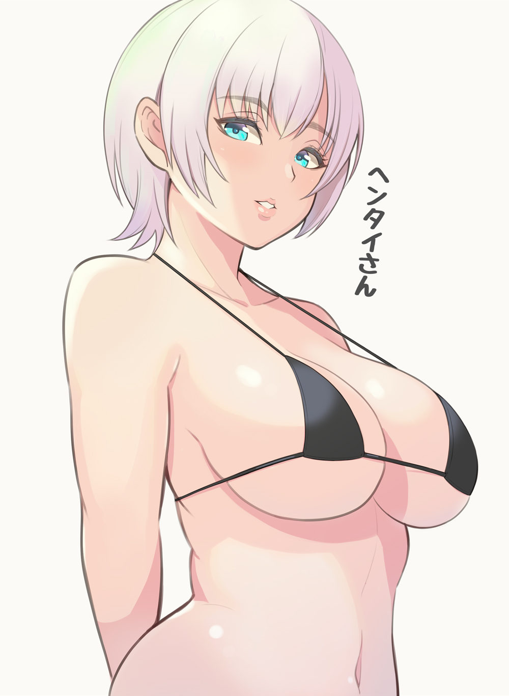 1girl aqua_eyes bikini black_bikini breasts cleavage dead_or_alive highres konishiki_(52siki) large_breasts looking_at_viewer luna_(doa) navel parted_lips short_hair simple_background swimsuit translation_request upper_body white_background white_hair