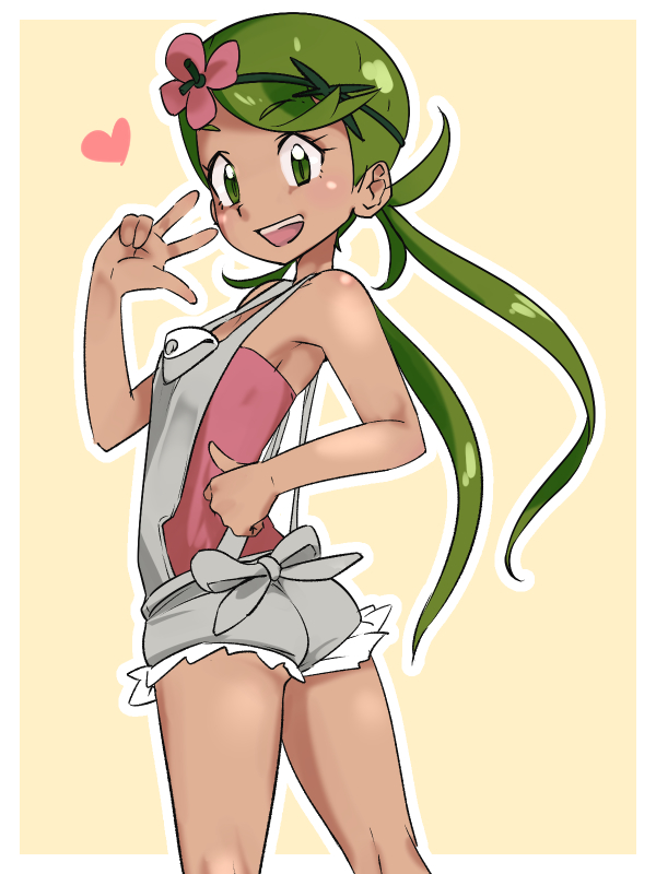 1girl ass back_bow bad_id bad_pixiv_id bare_shoulders blush border bow breasts dark-skinned_female dark_skin female_focus flower from_behind green_eyes green_hair green_hairband hair_flower hair_ornament hairband hand_on_own_hip hand_up happy heart kneepits legs_apart light_blush long_hair looking_at_viewer looking_back mallow_(pokemon) matching_hair/eyes nintendo open_mouth orange_background outline outside_border overalls pink_flower pink_shirt pokemon pokemon_sm shiny_skin shirt simple_background small_breasts smile solo standing strapless swept_bangs teeth trial_captain tube_top twintails w white_border white_outline zaitsu