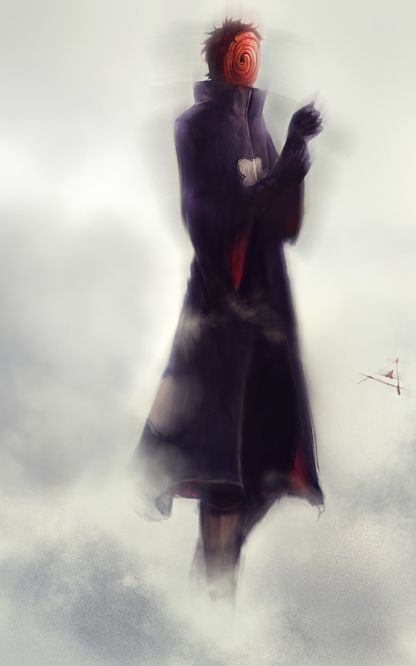1boy 1llustri akatsuki_uniform black_gloves black_hair fog full_body gloves high_collar long_sleeves male_focus mask naruto_(series) naruto_shippuuden ninja short_hair signature solo standing third-party_source tobi_(naruto) uchiha_obito