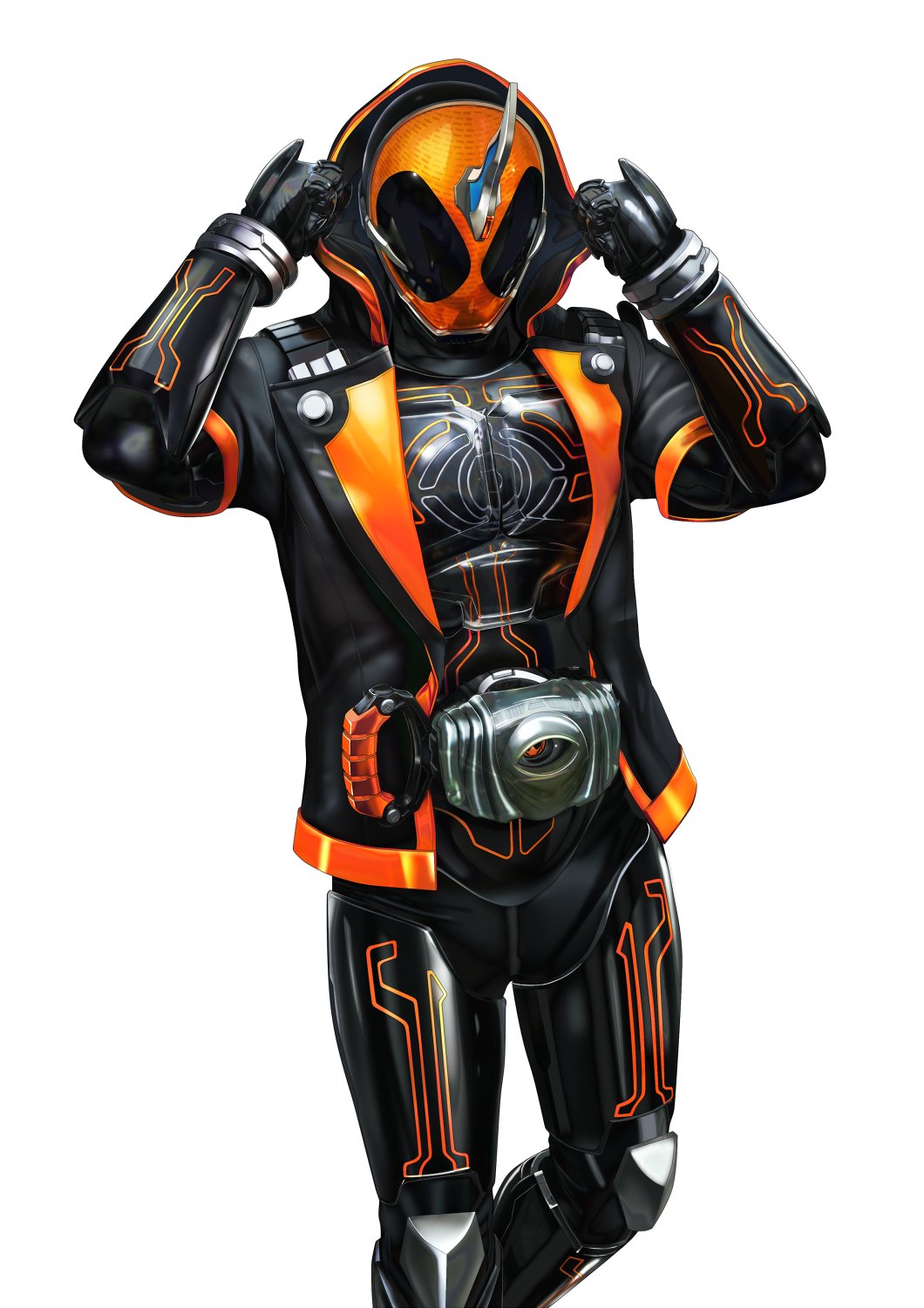 1boy armor black_armor fireflies ghost ghost_driver highres hood hood_up horns jacket kamen_rider kamen_rider_ghost kamen_rider_ghost_(series) male_focus masukudo_(hamamoto_hikaru) neon_trim ore_damashii parka see-through_clothes single_horn spirit standing tokusatsu