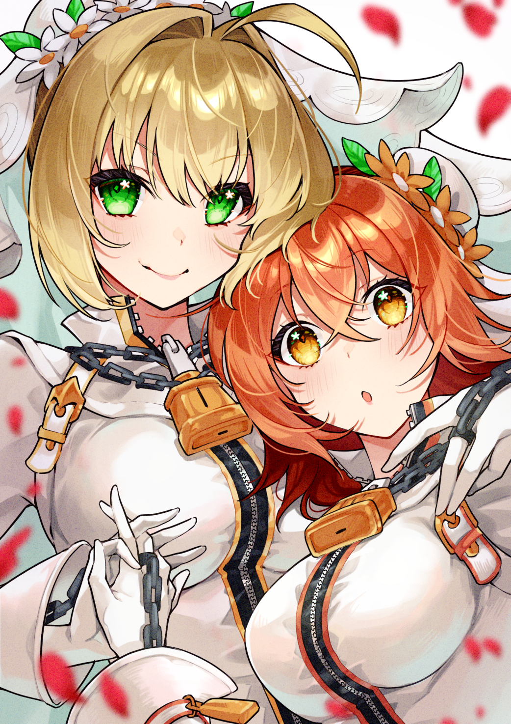 2girls ahoge blonde_hair blush bodysuit breasts chain cosplay fate/extra fate/extra_ccc fate/grand_order fate_(series) flower_wreath fujimaru_ritsuka_(female) green_eyes hair_between_eyes hair_intakes head_wreath highres ichino_tomizuki large_breasts lock long_hair looking_at_viewer multiple_girls nero_claudius_(bride)_(fate) nero_claudius_(bride)_(fate)_(cosplay) nero_claudius_(fate) orange_eyes orange_hair padlock petals short_hair smile veil white_bodysuit zipper