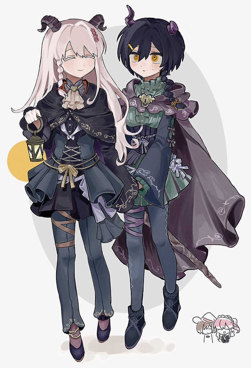 1other 3girls ^_^ akiyama_mizuki akiyama_mizuki_(cosplay) black_hair blush boku_no_ashiato_kimi_no_yukusaki_(project_sekai) braid brown_cape cape chibi chibi_inset closed_eyes colored_eyelashes cosplay costume_switch doodle_inset dress full_body green_dress highres holding holding_hands holding_lantern horns implied_yuri ix_(lower) ix_(lower)_(cosplay) lantern long_hair looking_at_another lower_(vocaloid) multiple_girls pants project_sekai sesam344 shinonome_ena shinonome_ena_(cosplay) side_ponytail smile suou_(lower) suou_(lower)_(cosplay) sweatdrop v white_background white_hair