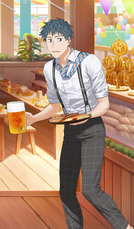 1boy alcohol aqua_hair balloon beer beer_mug blue_necktie brown_eyes buttons collared_shirt commentary_request cup drink fate/grand_order fate_(series) feet_out_of_frame food food_request grey_pants holding holding_cup holding_drink holding_food holding_plate ikezawa_shin looking_at_viewer loose_necktie male_focus mug necktie necktie_over_shoulder official_alternate_costume official_art oktoberfest outdoors pants parted_lips partially_unbuttoned plate pretzel saitou_hajime_(fate) shirt short_hair sleeves_rolled_up solo striped_necktie suspenders third-party_source walking white_shirt wing_collar