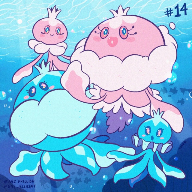 blue_eyes blush_stickers character_name commentary creature english_commentary evolutionary_line frillish frillish_(female) frillish_(male) full_body gen_1_pokemon gen_5_pokemon gyarados jellicent jellicent_(female) jellicent_(male) looking_at_viewer magikarp nintendo no_humans pink_eyes pokedex_number pokemon pokemon_(creature) tonestarr underwater