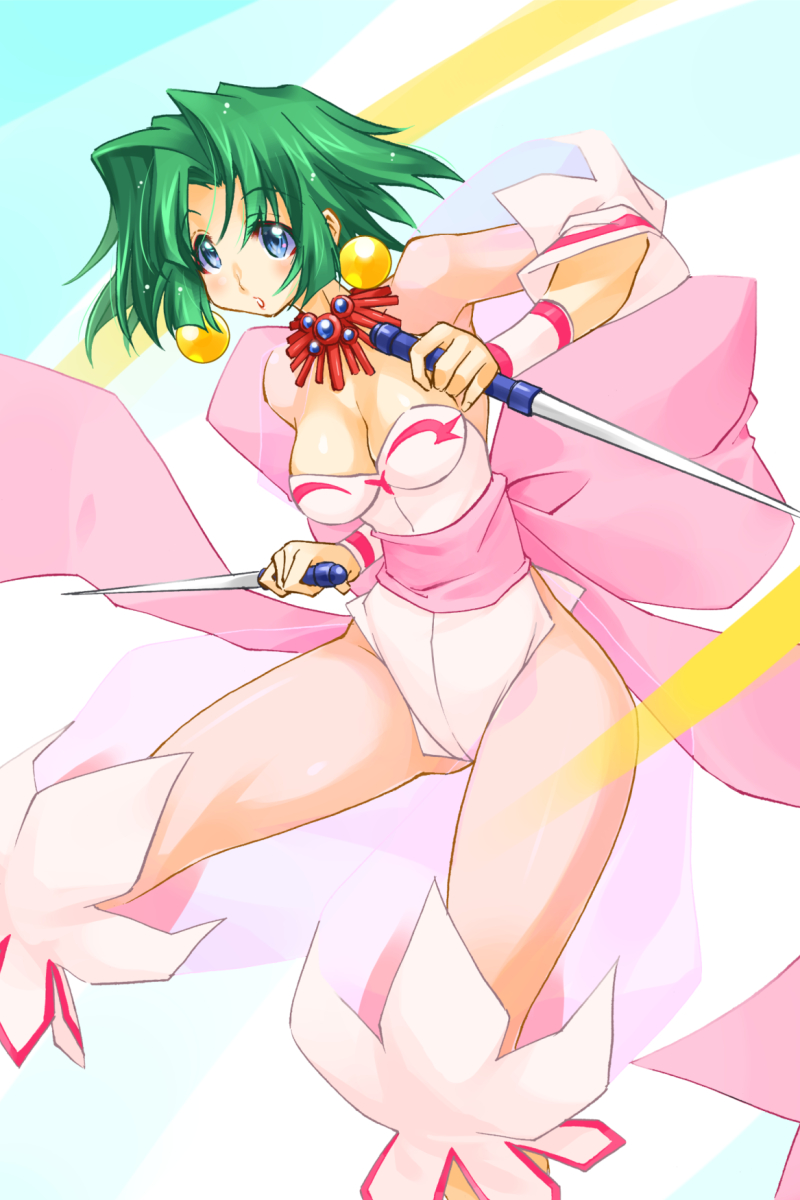 1girl back_bow blue_eyes blunt_sidelocks bow breasts cleavage dagger dancer dual_wielding earrings ellis_(toushinden) green_hair highres holding huge_bow jewelry kageyama_shinobi knife legs_apart leotard looking_at_viewer medium_breasts necklace parted_bangs pink_bow reverse_grip see-through_clothes see-through_sleeves short_hair sidelocks solo toushinden weapon white_leotard
