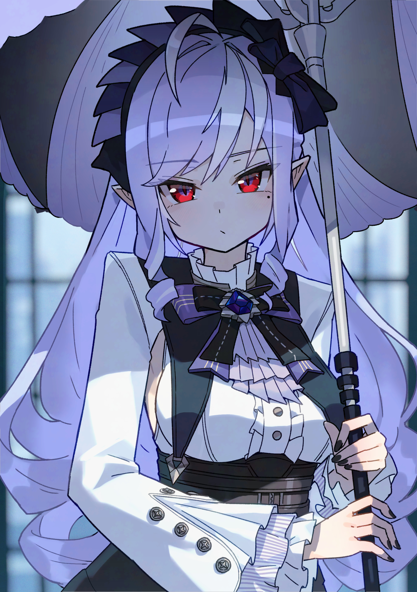 1girl black_nails breasts center_frills commentary_request drill_hair expressionless frills hairband highres holding holding_umbrella katsu_(katsupainter) long_hair long_sleeves looking_at_viewer mole mole_under_eye pointy_ears purple_hair purple_hairband purple_umbrella red_eyes ringlets sidelocks solo umbrella upper_body vivian_banshee zenless_zone_zero