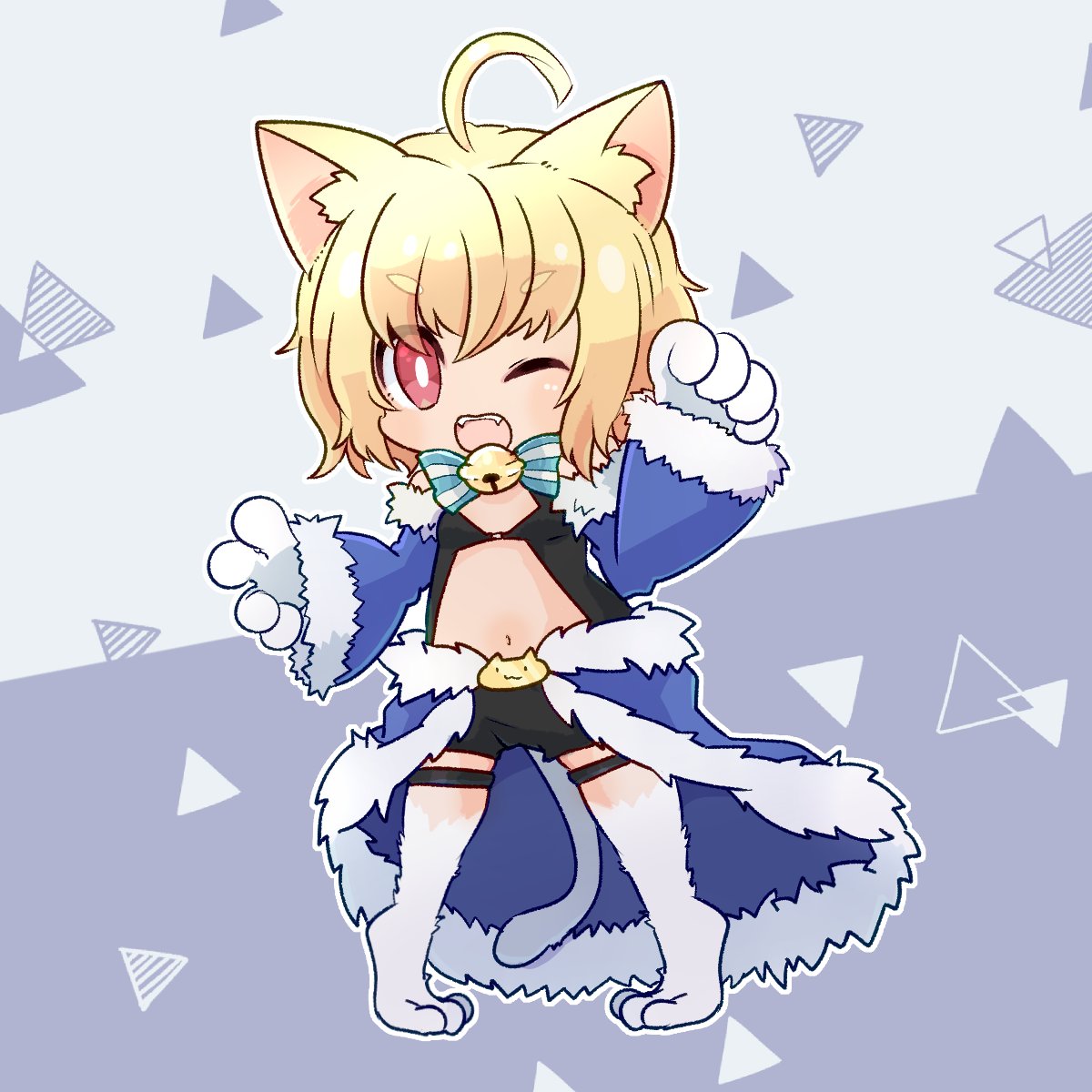 1girl ahoge animal_ear_fluff animal_ears animal_hands animal_legs bell black_shorts black_tank_top blonde_hair blue_bow blue_bowtie blue_cape blue_sleeves blush bow bowtie cape cat_ears cat_girl cat_tail clothing_cutout commentary_request detached_sleeves full_body fur-trimmed_cape fur-trimmed_sleeves fur_trim grey_background highres jingle_bell looking_at_viewer navel neck_bell one_eye_closed open_mouth pochiko_(poteko) ragnarok_online red_eyes short_hair short_shorts shorts smile solo stalker_(ragnarok_online) standing stomach_cutout tail tank_top thigh_strap waist_cape