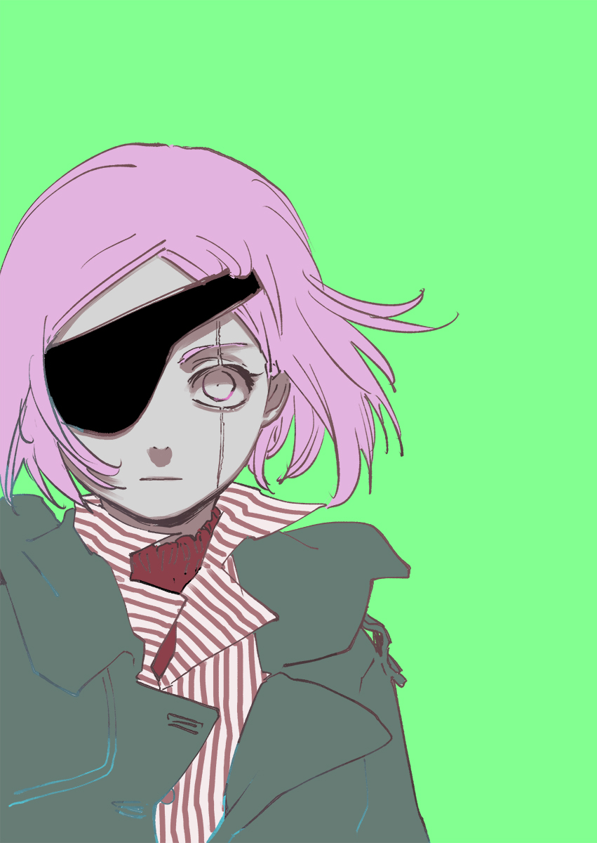 1girl bleach bleach:_sennen_kessen-hen eyepatch facial_scar highres jacket kubo_tite kusajishi_yachiru lapels looking_at_viewer notched_lapels official_alternate_costume official_art pink_hair scar scar_across_eye scar_on_cheek scar_on_face shirt short_hair solo striped_clothes striped_shirt upper_body vertical-striped_clothes vertical-striped_shirt