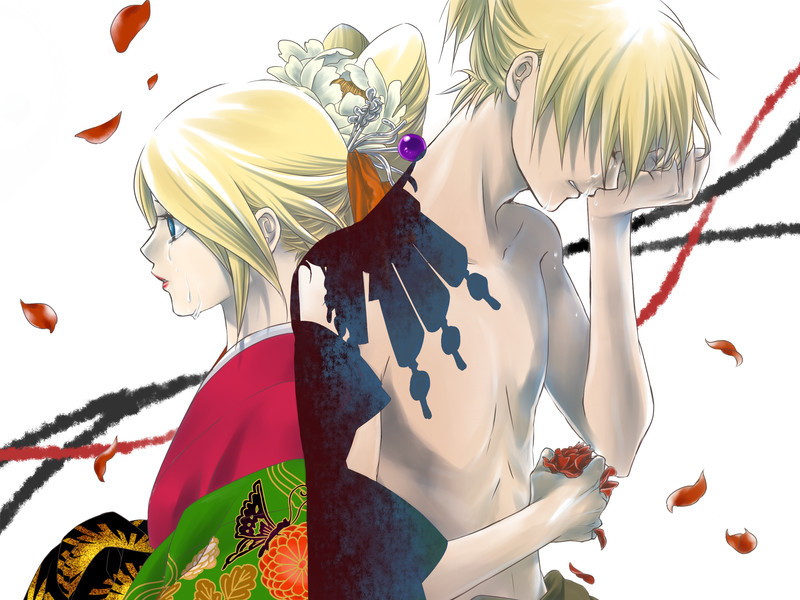 1boy 1girl alternate_hairstyle brother_and_sister clothed_female_nude_male couple hetero japanese_clothes kagamine_len kagamine_rin kimono nude short_hair siblings tears toyu twins vocaloid