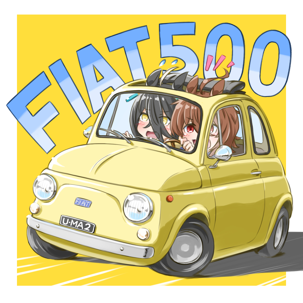 2girls agnes_tachyon_(umamusume) ahoge animal_ears black_hair blush brown_hair car driving fiat_500 flying_sweatdrops hair_between_eyes horse_ears manhattan_cafe_(umamusume) motor_vehicle multicolored_hair multiple_girls notice_lines open_mouth punto red_eyes shadow smile streaked_hair umamusume yellow_eyes