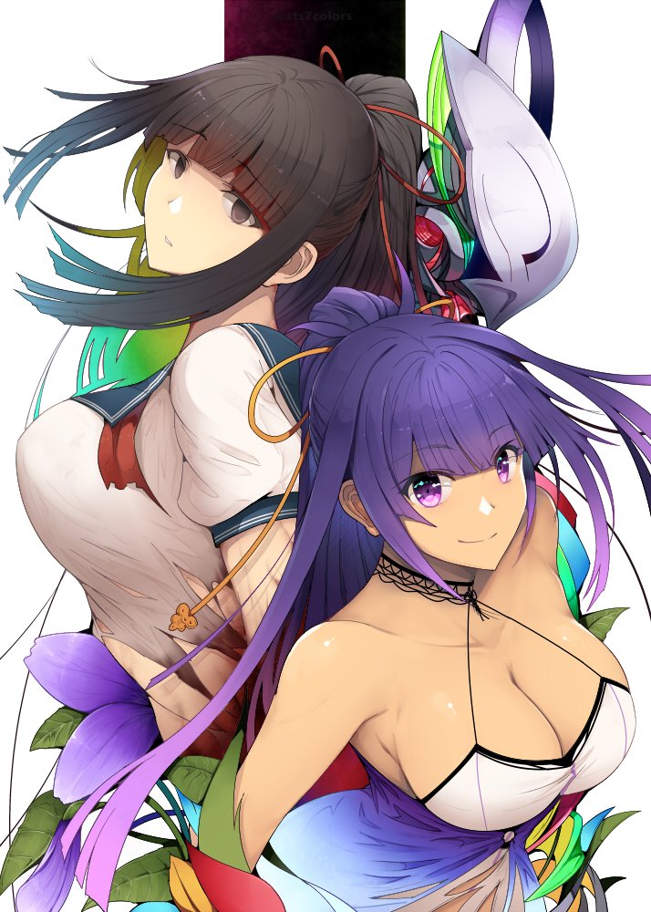 2girls black_hair blue_skirt breasts cleavage colored_inner_hair dark-skinned_female dark_skin flower green_hair hair_behind_ear halterneck large_breasts multicolored_hair multiple_girls original ponytail purple_flower purple_hair school_uniform serafuku skirt smile sts torn_clothes white_background