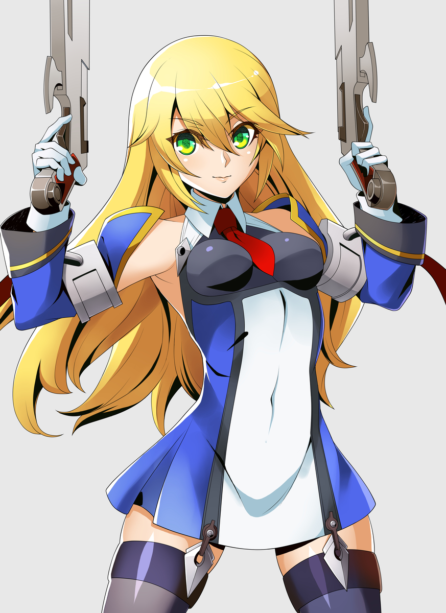 1girl alternate_breast_size alternate_hair_length alternate_hairstyle backless_dress backless_outfit bare_shoulders black_thighhighs blazblue blonde_hair bolverk breasts detached_sleeves dress dual_wielding gloves green_eyes grey_background gun handgun holding komekko_158 necktie noel_vermillion red_necktie short_hair small_breasts standing thighhighs weapon