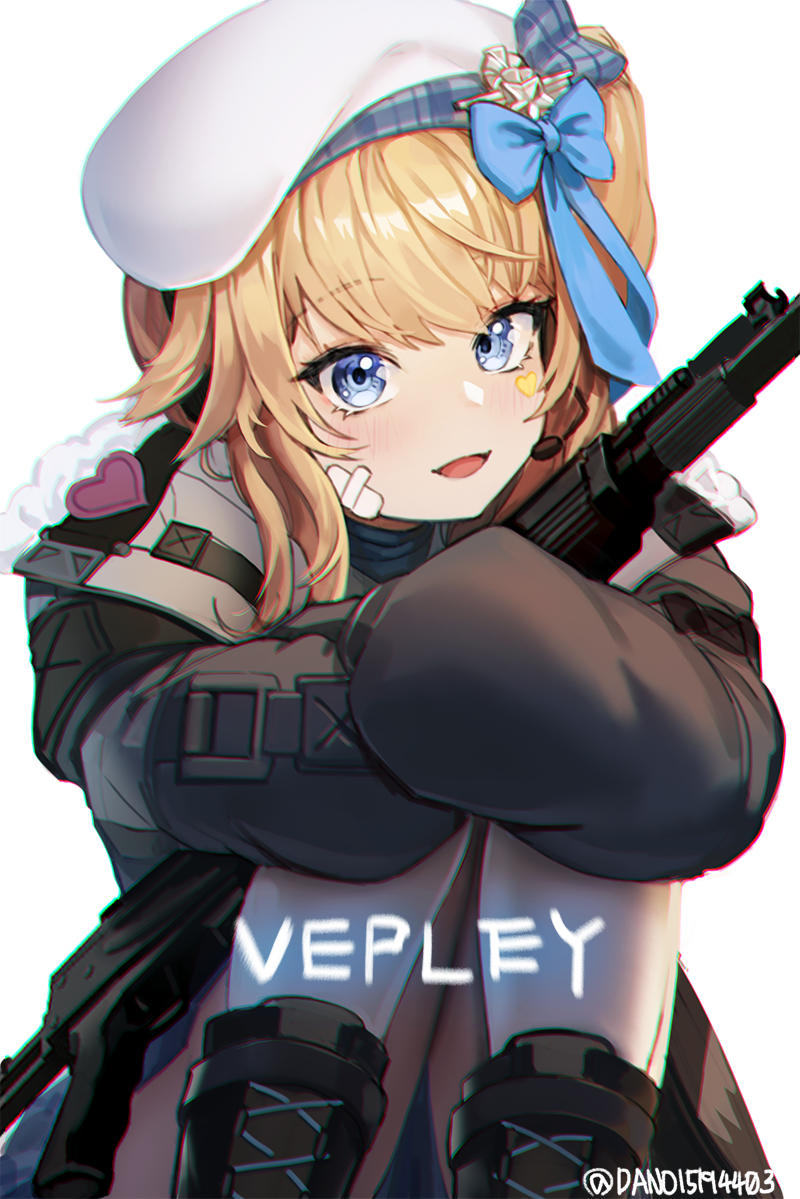 1girl bad_id bad_pixiv_id bandage_on_face bandages beret blonde_hair blue_bow blue_eyes blush bow character_name coat commentary_request dano fur-trimmed_coat fur_trim girls&#039;_frontline girls&#039;_frontline_2:_exilium gun hair_bow hat heart heart_sticker hugging_own_legs izhmash kalashnikov_concern long_sleeves looking_at_viewer medium_hair molot molot-oruzhie molot_weapons one_side_up open_mouth semi-automatic_shotgun shotgun sidelocks sitting smile solo twitter_username vepley_(girls&#039;_frontline_2) vepr-12 vyatskiye_polyany_machine-building_plant weapon white_background white_hat