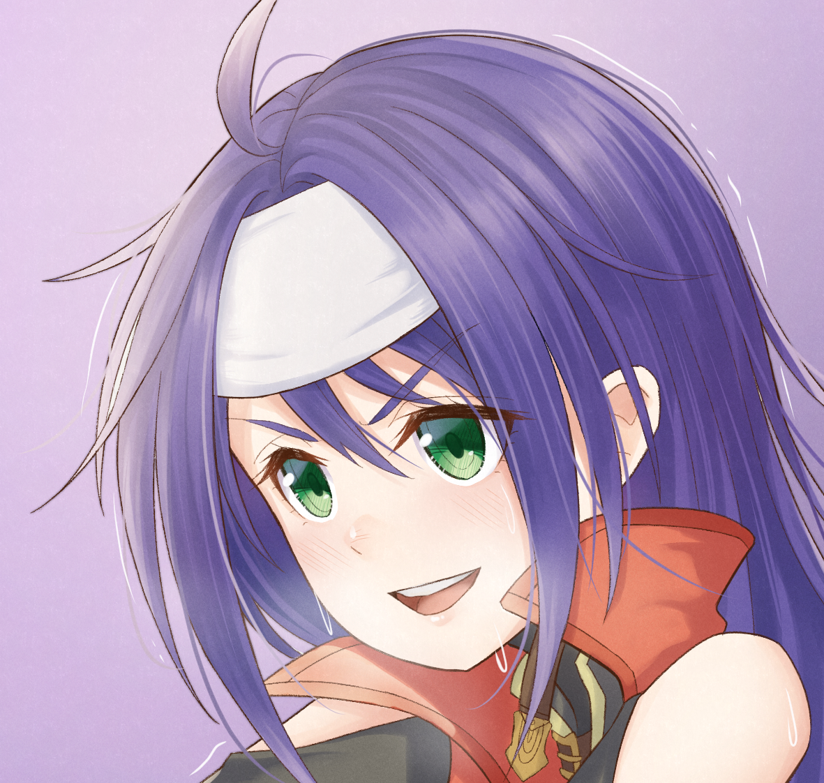 1girl ahoge atorie commission commissioner_upload fire_emblem fire_emblem:_path_of_radiance fire_emblem:_radiant_dawn green_eyes hairband headband light_blush messy_hair mia_(fire_emblem) nintendo open_mouth pixiv_commission popped_collar purple_hair shaking solo sweat white_hairband white_headband