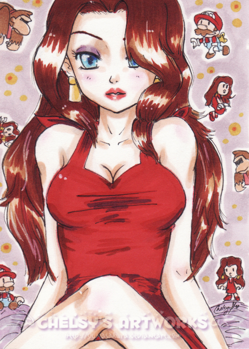 1girl blue_eyes breasts brown_hair cleavage crossed_legs donkey_kong donkey_kong_(series) earrings eyeshadow jewelry legs lipstick long_hair looking_at_viewer makeup mario mario_(series) mario_vs._donkey_kong mario_vs._donkey_kong:_mini-land_mayhem! mini_mario mini_donkey_kong mini_pauline nintendo pauline_(mario) sitting tagme