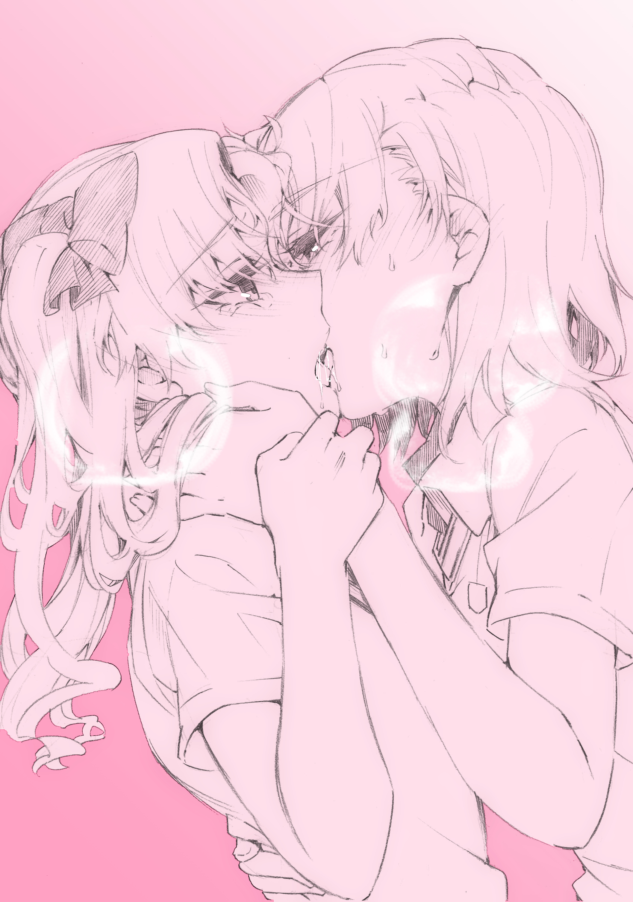 2girls absurdres blush bow commentary_request eye_contact face-to-face french_kiss from_side hair_bow hair_ribbon half-closed_eyes hand_on_another's_back hand_on_another's_shoulder hand_on_another's_wrist higashizukihi_sei highres kiss long_hair looking_at_another medium_hair misaka_mikoto multiple_girls parted_lips pink_background pink_theme ribbon school_uniform shirai_kuroko shirt short_hair short_sleeves simple_background sketch sweat toaru_kagaku_no_railgun toaru_majutsu_no_index tokiwadai_school_uniform twintails two_side_up upper_body yuri
