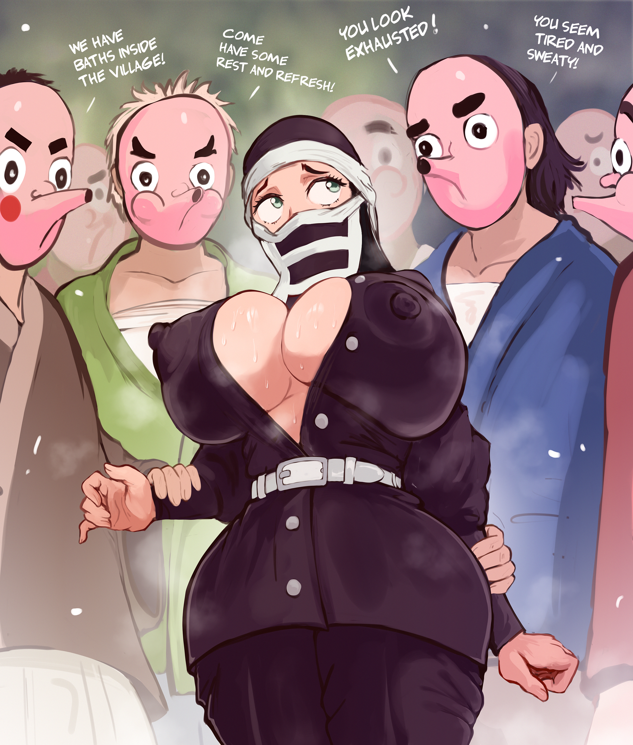1girl 4boys absurdres breasts cleavage highres huge_breasts kakushi_(kimetsu_no_yaiba) kimetsu_no_yaiba large_breasts multiple_boys