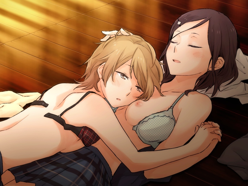 2girls ariu_aki blonde_hair blush bra breast_pillow breasts game_cg hair_ornament holding_hands koba_youka liar-soft lying lying_on_person multiple_girls nipples okujou_no_yurirei-san on_back open_bra pe88y_(yu_tsugirls) school_uniform short_hair skirt smile tired topless_female underwear yuri