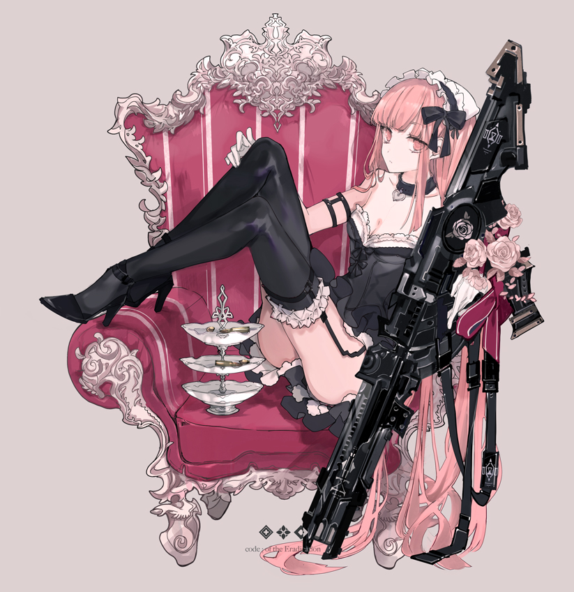 1girl :o assault_rifle black_ribbon chair choker cierra_(ra-bit) corset flower frills full_body garter_straps gloves grey_background gun hair_ribbon heart_pendant high_heels holding holding_weapon long_hair maid_headdress original reclining red_eyes red_hair ribbon rifle rose tea_stand thighhighs very_long_hair weapon white_gloves