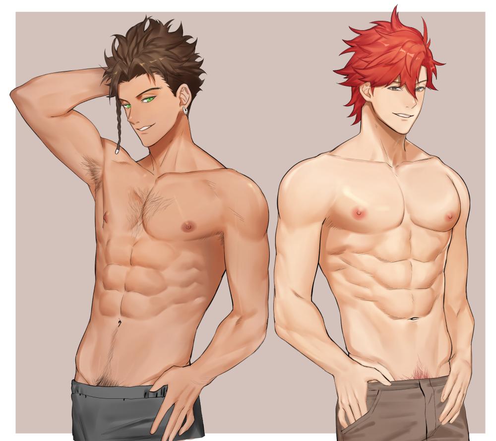 2boys abs arm_up armpit_hair armpits braid brown_eyes brown_hair brown_pants dark-skinned_male dark_skin green_eyes grey_pants male_focus multiple_boys muscular muscular_male nipples original pants pubic_hair red_hair short_hair smile teeth zhineart