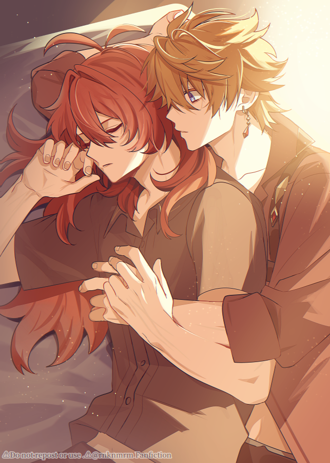 2boys black_shirt blue_eyes closed_eyes closed_mouth diluc_(genshin_impact) earrings genshin_impact hair_between_eyes hiki_yuichi jewelry long_hair long_sleeves lying male_focus midriff multiple_boys orange_hair pillow ponytail red_eyes red_hair red_shirt shirt short_hair single_earring sleepy tartaglia_(genshin_impact) yaoi