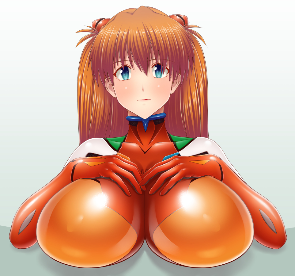 1girl blue_eyes bodysuit breasts breasts_squeezed_together hands_on_own_breasts huge_breasts long_hair looking_at_viewer mecha_pilot_suit neon_genesis_evangelion orange_hair pixiv1478062 plugsuit_(evangelion) red_bodysuit solo souryuu_asuka_langley upper_body
