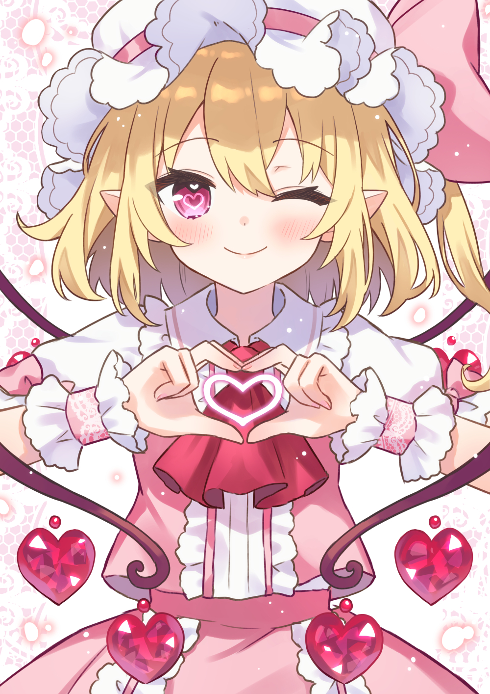 1girl four-finger_heart_hands ;) ahase_hino alternate_costume blonde_hair blush bow center_frills closed_mouth commentary_request cowboy_shot dress eyelashes flandre_scarlet frilled_dress frilled_wrist_cuffs frills hair_between_eyes hands_up happy hat hat_bow heart heart-shaped_pupils heart_hands heart_in_eye heart_in_heart_hands highres looking_at_viewer medium_hair mob_cap one_eye_closed one_side_up pink_bow pink_dress pink_eyes pink_wrist_cuffs pointy_ears puffy_short_sleeves puffy_sleeves short_sleeves simple_background smile solo symbol-shaped_pupils symbol_in_eye touhou tsurime white_background white_hat wings wrist_cuffs