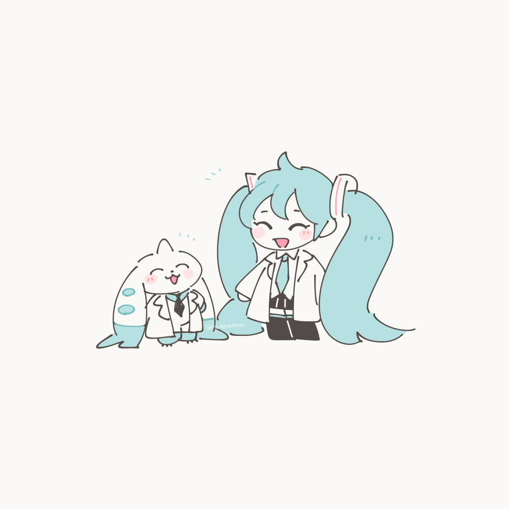 blush closed_eyes coat digimon digimon_(creature) hatsune_miku necktie smile terriermon_assistant vocaloid