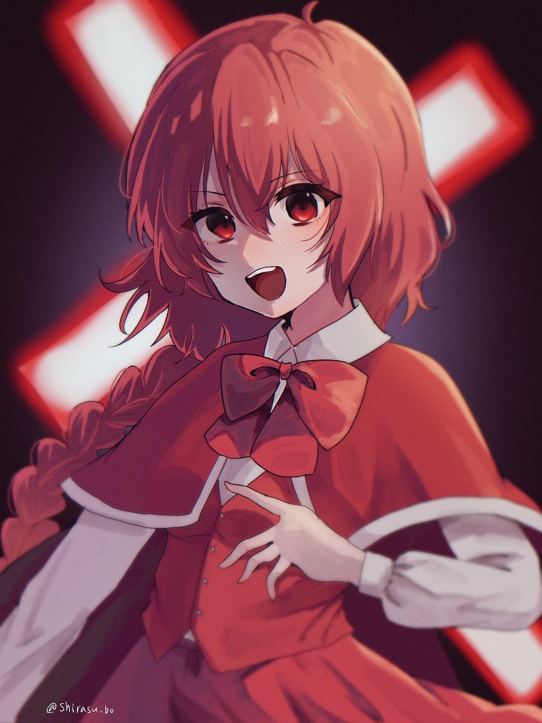1girl ahoge bow bowtie braid capelet collared_shirt cross hair_between_eyes long_hair long_sleeves looking_at_viewer okazaki_yumemi open_mouth red_bow red_bowtie red_capelet red_eyes red_hair red_skirt red_vest shirasu_bo shirt single_braid skirt smile solo teeth touhou twitter_username upper_body upper_teeth_only vest white_shirt