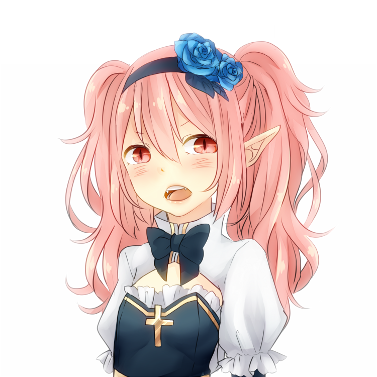 1girl arch_bishop_(ragnarok_online) black_bow black_bowtie black_dress black_hairband blue_flower blue_rose blush bow bowtie cleavage_cutout clothing_cutout commentary_request cross dress flat_chest flower hair_flower hair_ornament hairband long_hair looking_at_viewer meiko_(nattu303) open_mouth pink_hair pointy_ears ragnarok_online red_eyes rose simple_background slit_pupils solo twintails two-tone_dress upper_body v-shaped_eyebrows white_background white_dress