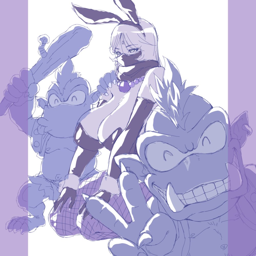 1girl 2boys alternate_costume animal_costume breasts digimon digimon_(creature) goblin goburimon huge_breasts imminent_penetration jewelry long_hair looking_ahead multiple_boys necklace rabbit_costume rabbit_ears rabbit_tail sanzomon scarf scarf_over_mouth sitting smile