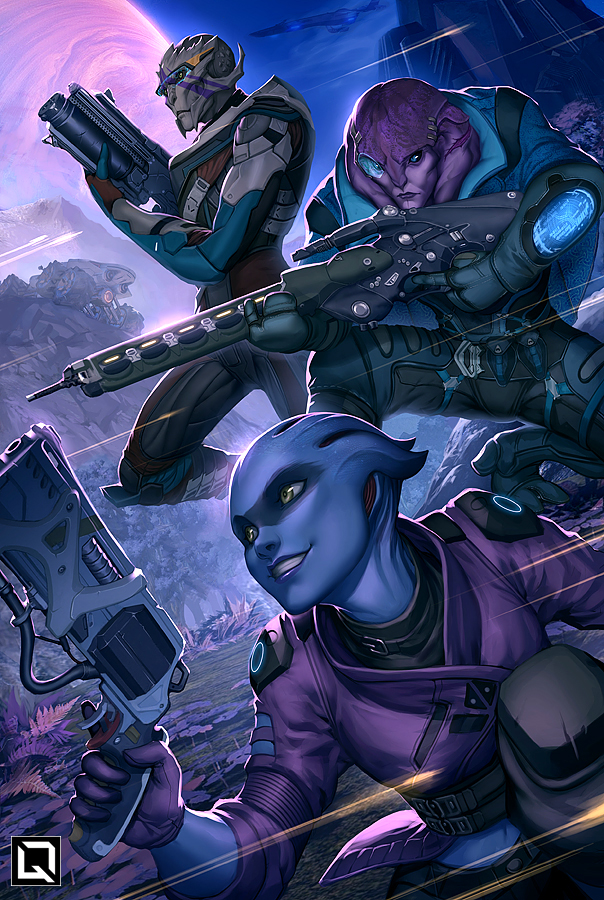 1boy 2girls alien assault_rifle blue-tinted_eyewear blue_skin colored_skin green_eyes grey_skin grin gun handgun jaal_ama_darav kuroi-tsuki mass_effect:_andromeda mass_effect_(series) mass_effect_1 monocle multiple_girls pelessaria_b&#039;sayle purple_skin rifle science_fiction scouter smile sniper_rifle tinted_eyewear vetra_nyx visor weapon