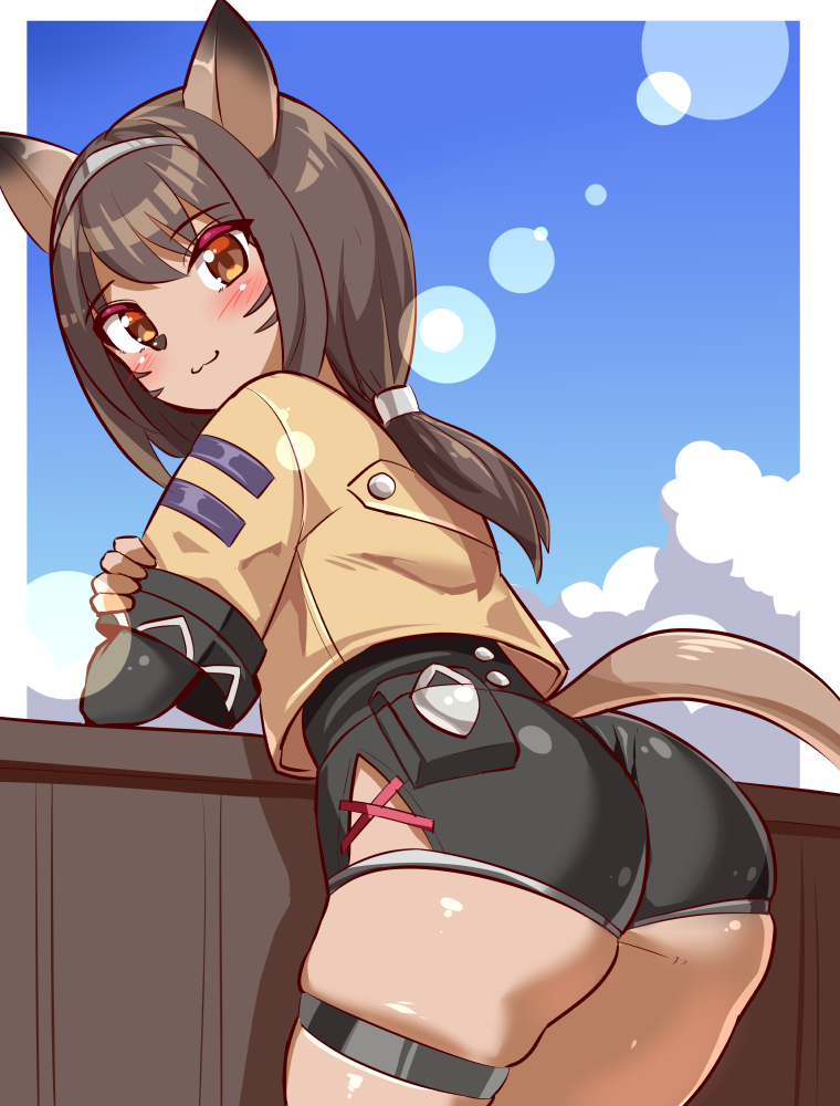1girl animal_ears ass ass_focus blush brown_eyes brown_hair cougar_(cougar1404) dark_skin facial_mark from_behind hair_tubes huge_ass jacket leaning leaning_forward long_hair long_sleeves looking_at_viewer low_ponytail original ponytail short_shorts shorts smile solo tail thick_thighs thigh_strap thighs