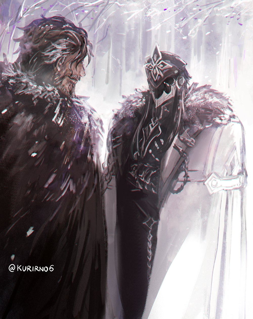 2boys aiguillette artist_name beard black_hair branch capitano_(genshin_impact) closed_mouth coat coat_on_shoulders commentary design_speculation english_commentary facial_hair facing_away fatui_coat full_beard fur-trimmed_coat fur_trim genshin_impact helm helmet highres kurirno6 lapels long_hair looking_at_another male_focus mature_male multiple_boys outdoors smile snow twitter_username varka_(genshin_impact) white_coat