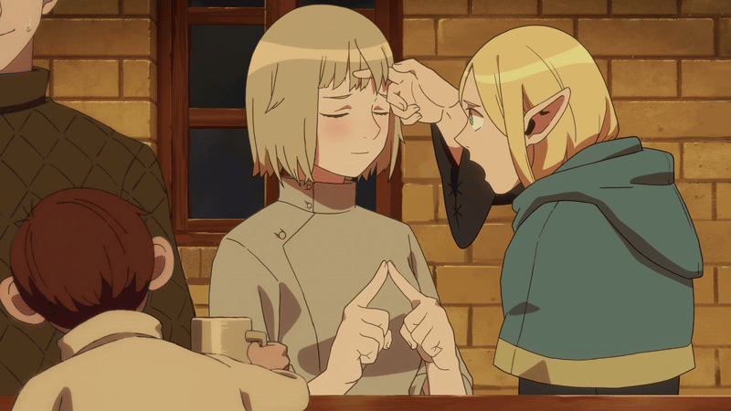 2boys 2girls animated animated_gif blonde_hair blue_capelet blush brick_wall brown_hair capelet chilchuck_tims closed_eyes commentary darya_chi dungeon_meshi elf english_commentary falin_touden falin_touden_(tallman) green_eyes half-closed_eyes hand_on_another&#039;s_cheek hand_on_another&#039;s_face hands_up hug indoors kiss laios_touden looking_at_another marcille_donato multiple_boys multiple_girls muntins own_fingers_together pointy_ears tunic upper_body white_tunic window yuri