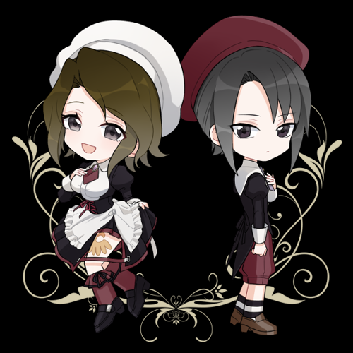 1boy 1girl apron ascot black_coat black_dress black_footwear black_hair black_ribbon brown_footwear brown_hair chibi clothes_lift coat corset dress dress_lift expressionless grey_eyes hand_up hat horizontal-striped_socks juliet_sleeves kanon_(umineko) long_sleeves looking_at_viewer lowres maid_apron puffy_sleeves red_ascot red_hat red_shorts ribbon shannon_(umineko) short_hair shorts smile socks sofy striped_clothes striped_socks tailcoat umineko_no_naku_koro_ni white_hat white_wrist_cuffs wrist_cuffs