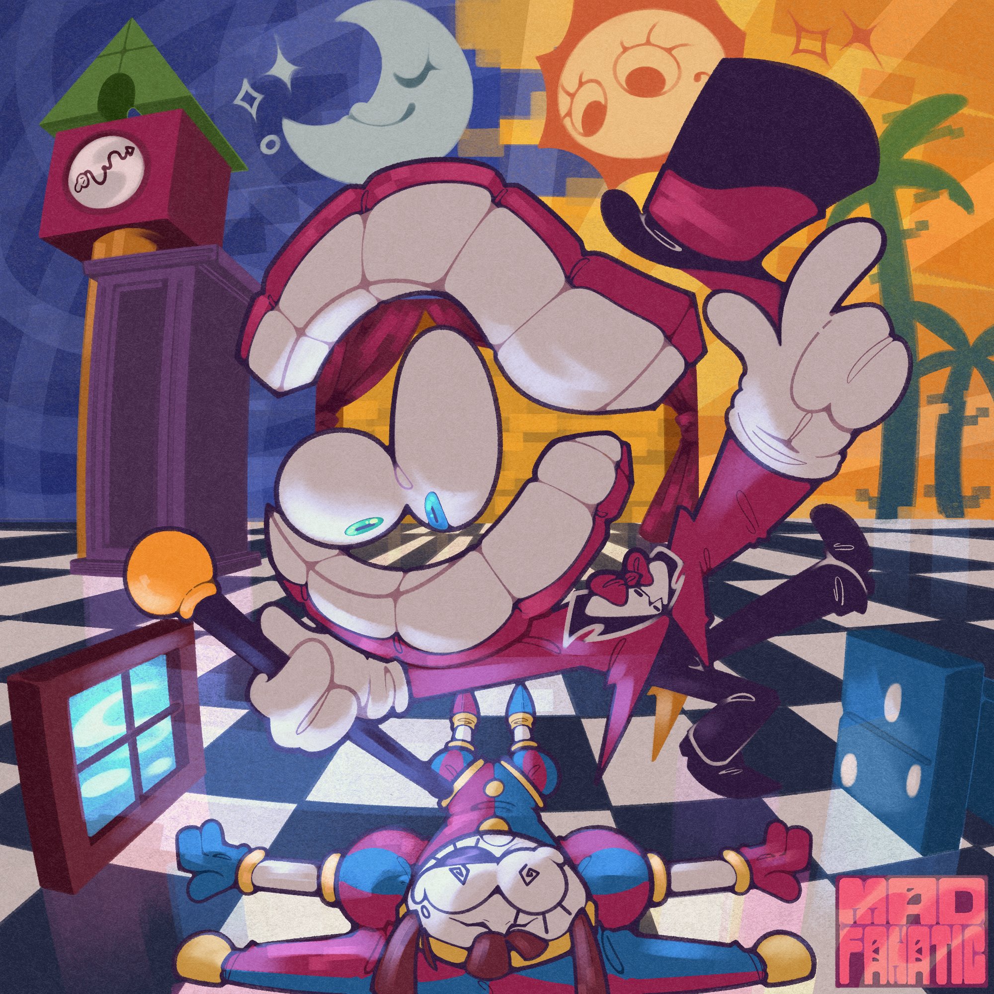 1boy 1girl :o @_@ artist_name asymmetrical_gloves black_footwear black_headwear black_pants blue_eyes blue_gloves bow bowtie brown_hair caine_(the_amazing_digital_circus) cane checkered_floor clock clock_tower closed_eyes collared_jacket colored_skin crescent_moon crying crying_with_eyes_open dentures detached_eyes dice digital_dissolve disembodied_eye fisheye floating_hat formal_clothes glitch gloves green_eyes hat hat_bell heterochromia highres holding holding_cane jacket jester jester_cap jester_costume long_eyelashes lying mismatched_gloves moon multicolored_headwear on_back palm_tree pants pointy_footwear pomni_(the_amazing_digital_circus) puffy_short_sleeves puffy_sleeves red_bow red_bowtie red_gloves red_jacket red_suit shoes short_sleeves smile striped_clothes striped_headwear suit sun tears teeth the_amazing_digital_circus the_mad_fanatic top_hat tower tree unconscious vertical-striped_bodysuit vertical-striped_clothes vertical-striped_headwear wavy_eyebrows white_gloves white_skin window